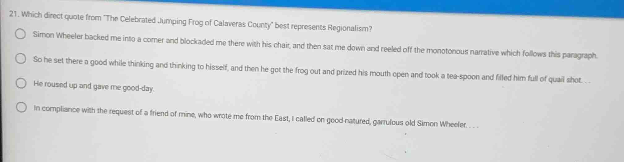 21. which direct quote from \the celebrated jumping frog of calaveras c…