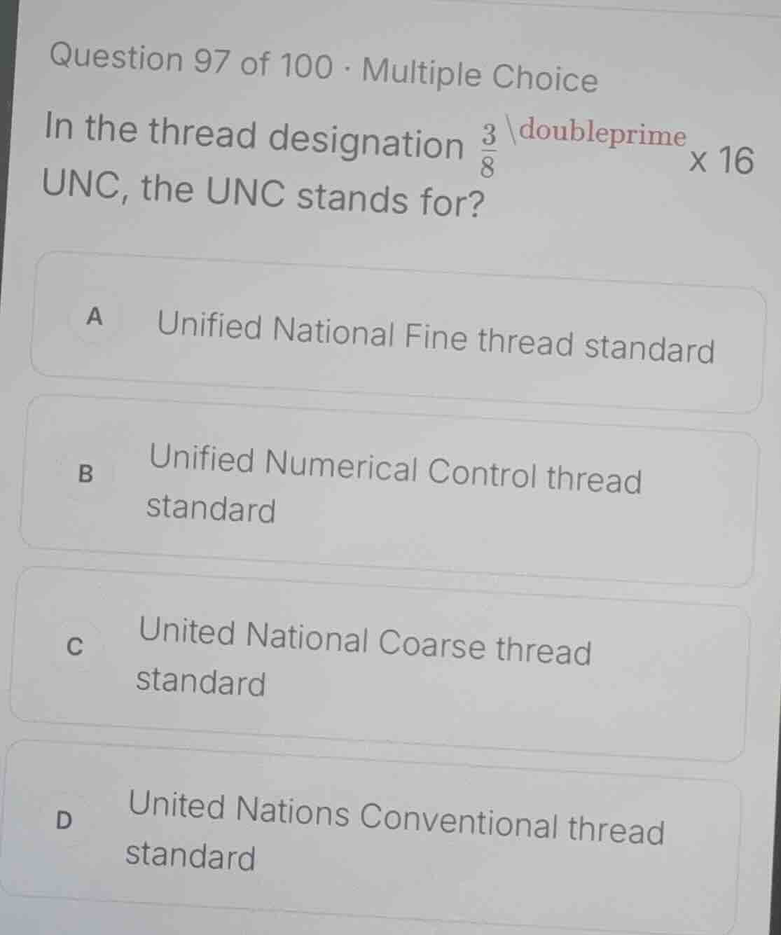 question 97 of 100 · multiple choice in the thread designation \\(\\fra…