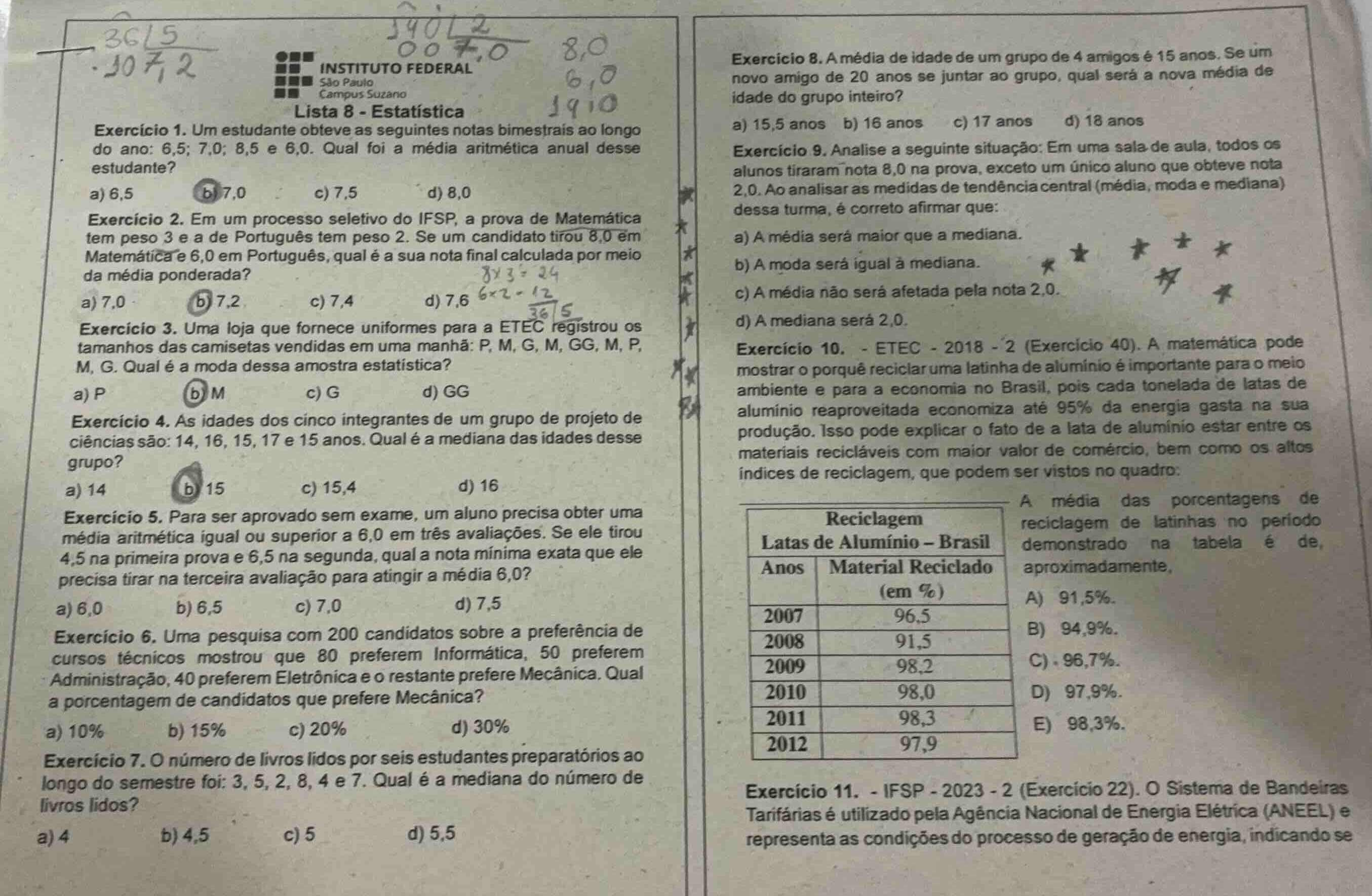 instituto federal são paulo campus suzano lista 8 - estatística exercíc…