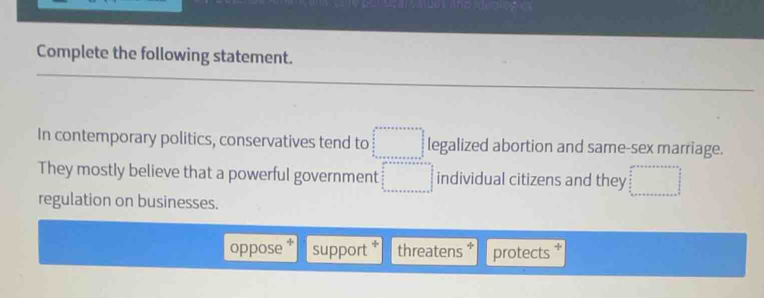 complete the following statement. in contemporary politics, conservativ…