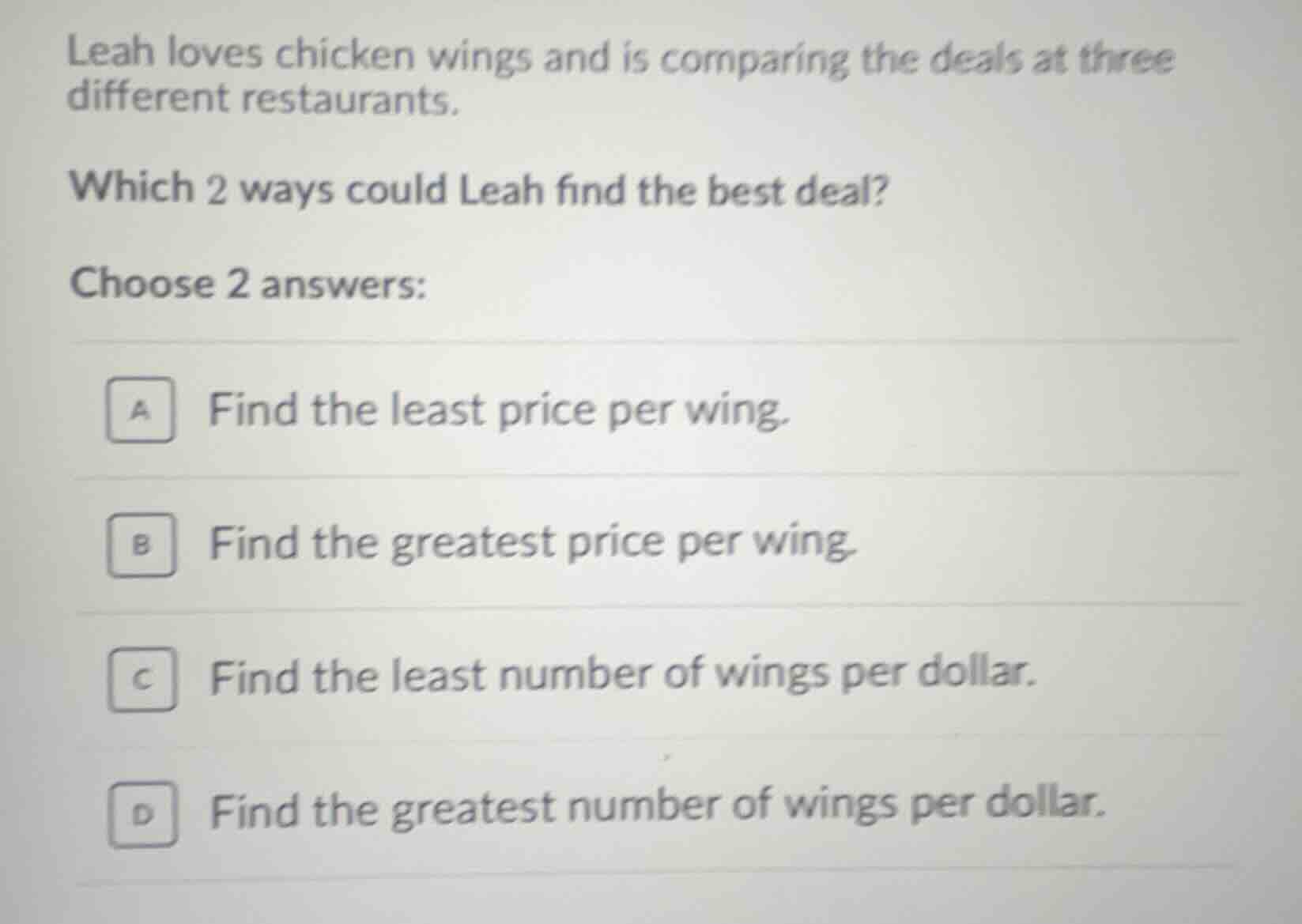 leah loves chicken wings and is comparing the deals at three different …