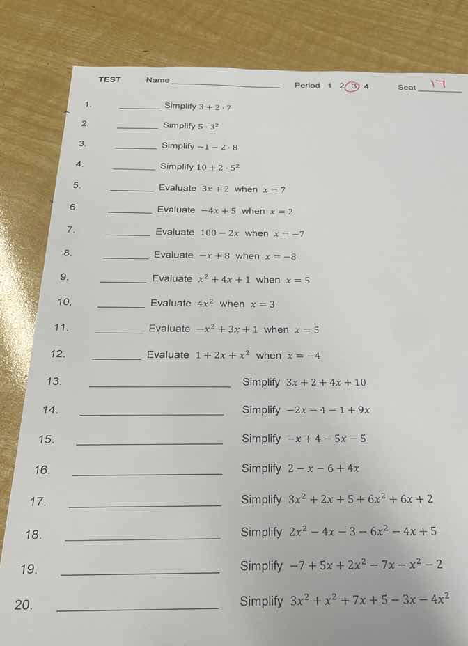 test name period 1 2 3 4 seat 17 1. simplify \\(3 + 2 \\cdot 7\\) 2. si…