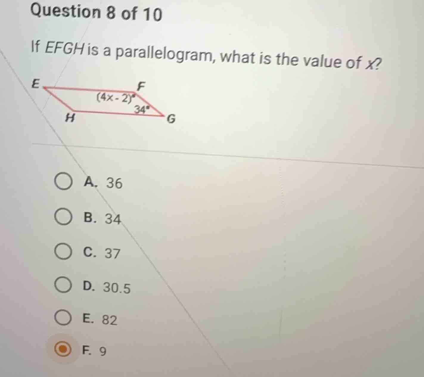 question 8 of 10 if efgh is a parallelogram, what is the value of x? a.…