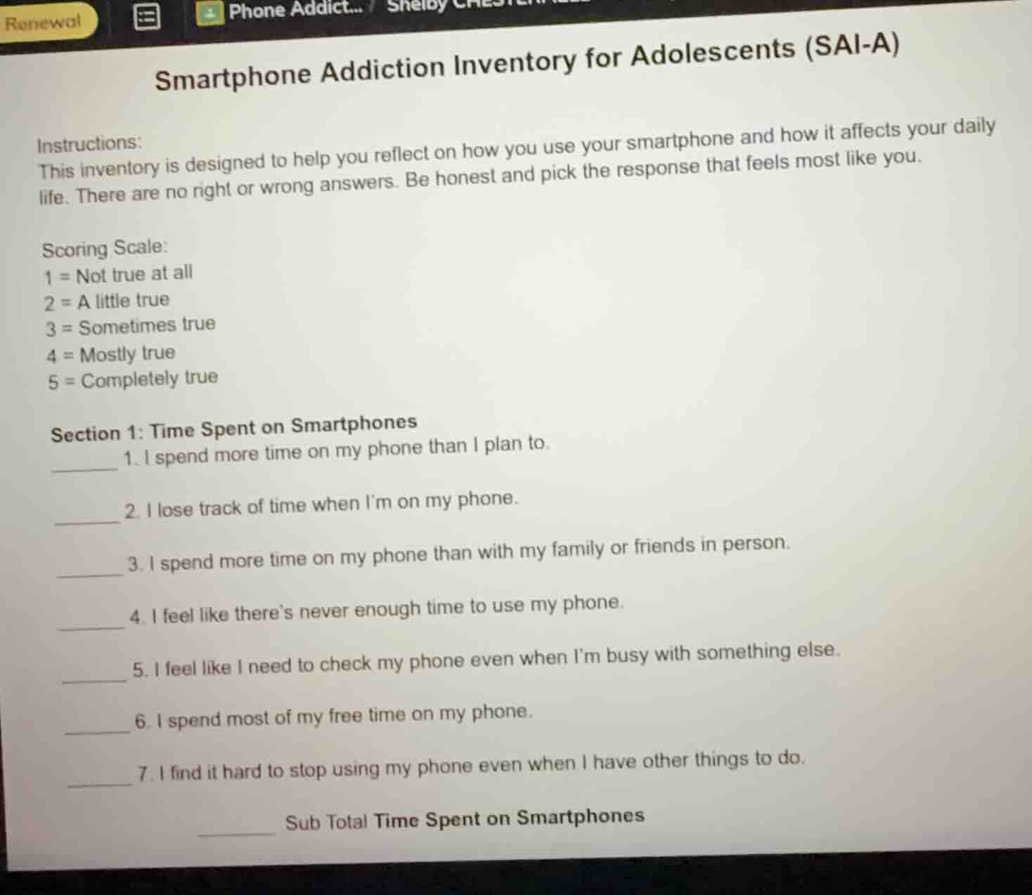 smartphone addiction inventory for adolescents (sai-a) instructions: th…