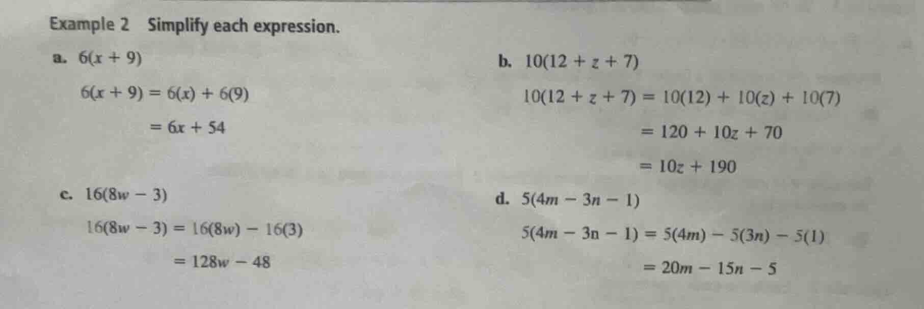 example 2 simplify each expression. a. \\(6(x + 9)\\) \\(6(x + 9) = 6(x…