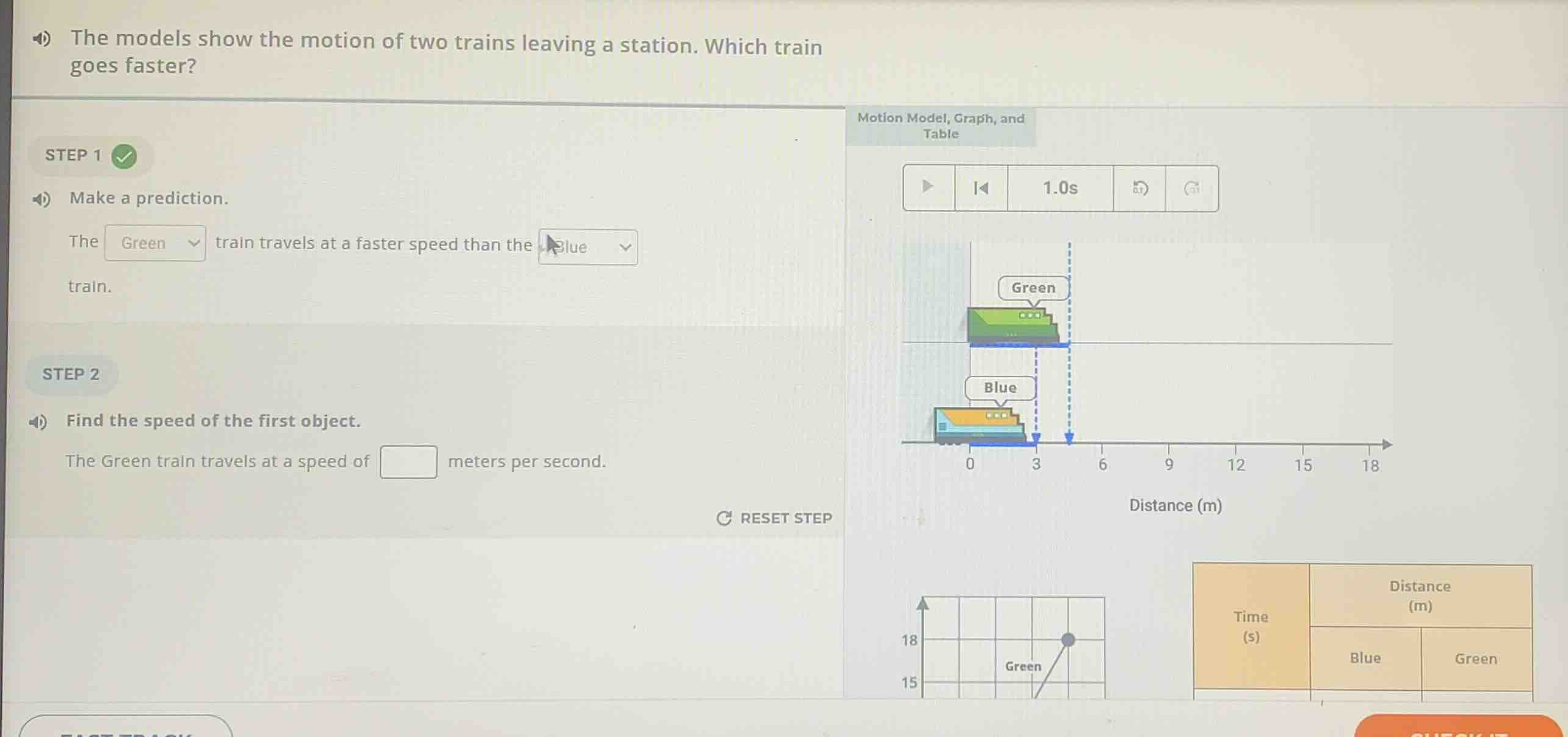 the models show the motion of two trains leaving a station. which train…