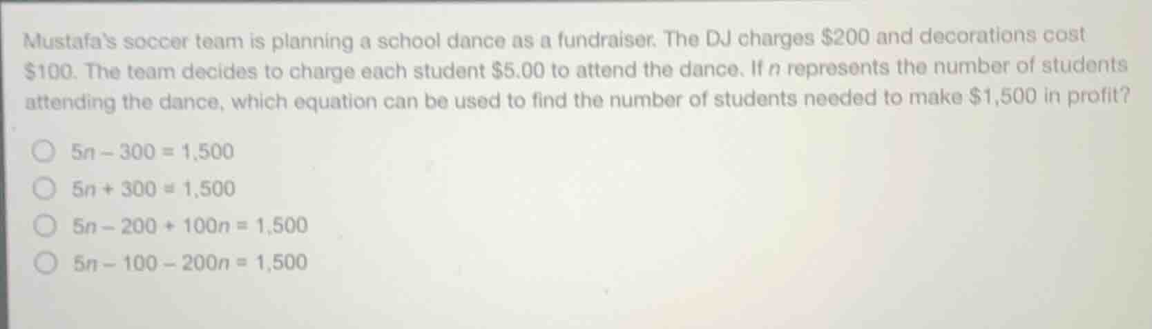 mustafas soccer team is planning a school dance as a fundraiser. the dj…