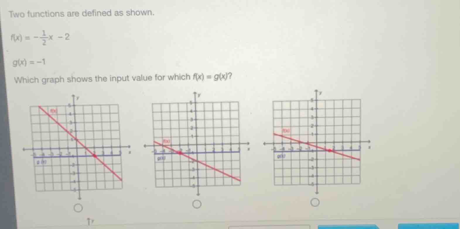two functions are defined as shown. \\(f(x) = -\\frac{1}{2}x - 2\\) \\(…