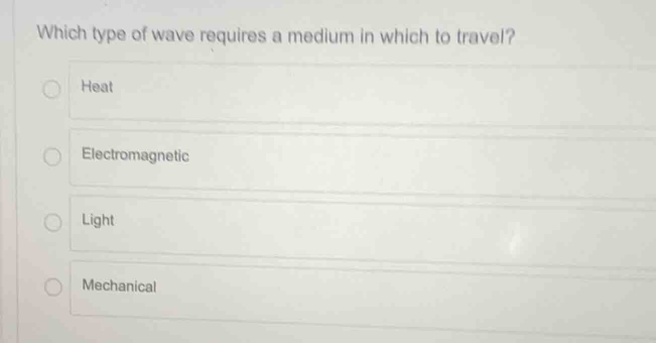 which type of wave requires a medium in which to travel? heat electroma…