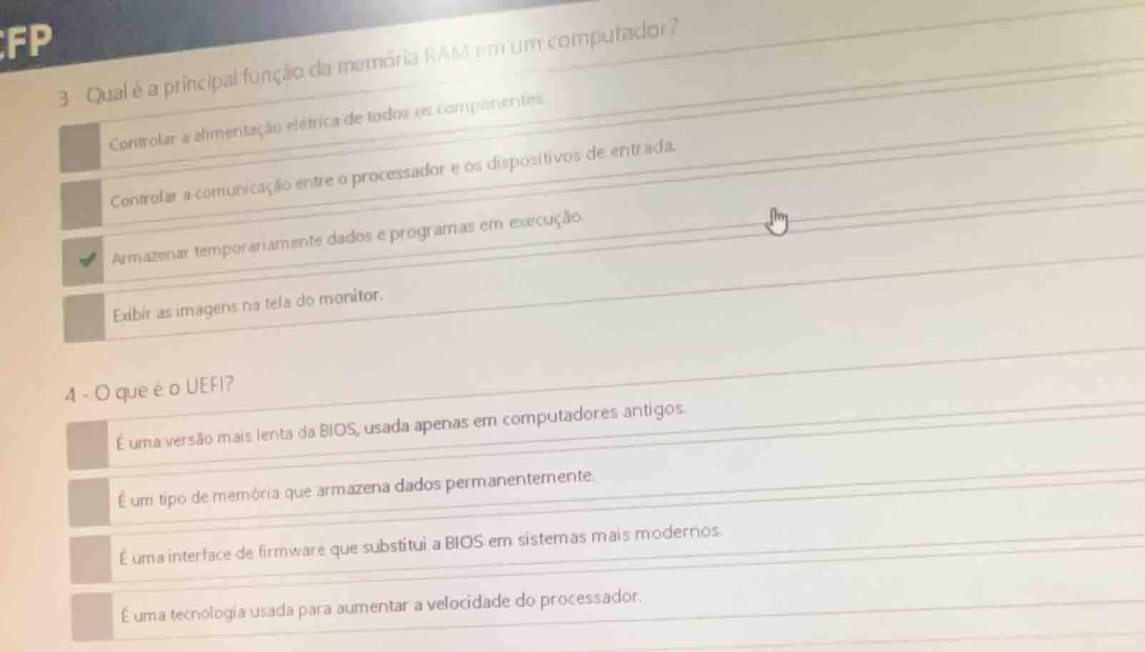 3 - qual é a principal função da memória ram em um computador? controla…