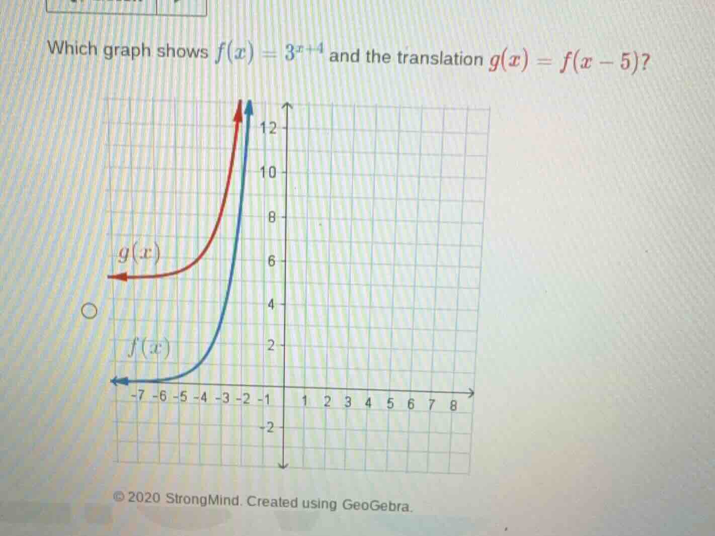 which graph shows \\(f(x) = 3^{x+4}\\) and the translation \\(g(x) = f(…