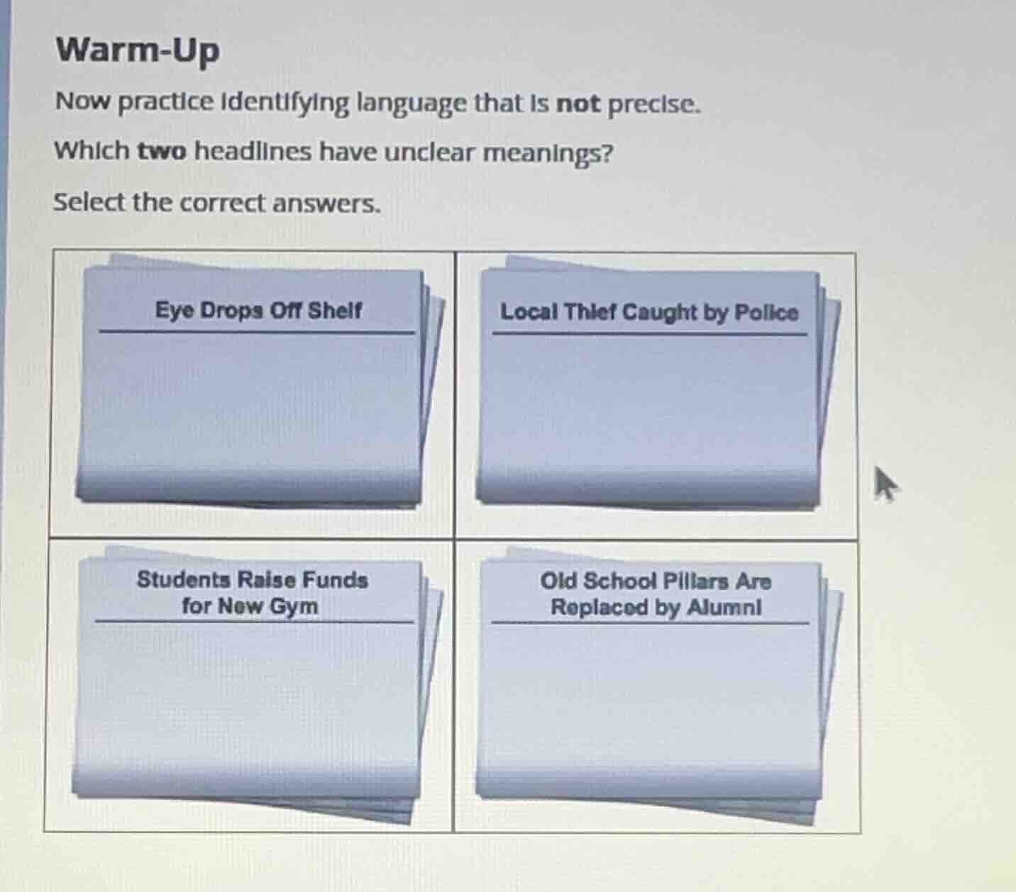 warm-up now practice identifying language that is not precise. which tw…