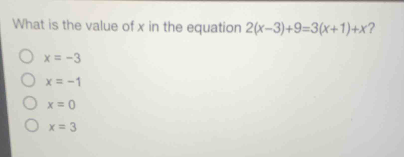what is the value of \\(x\\) in the equation \\(2(x-3)+9=3(x+1)+x\\)? \…