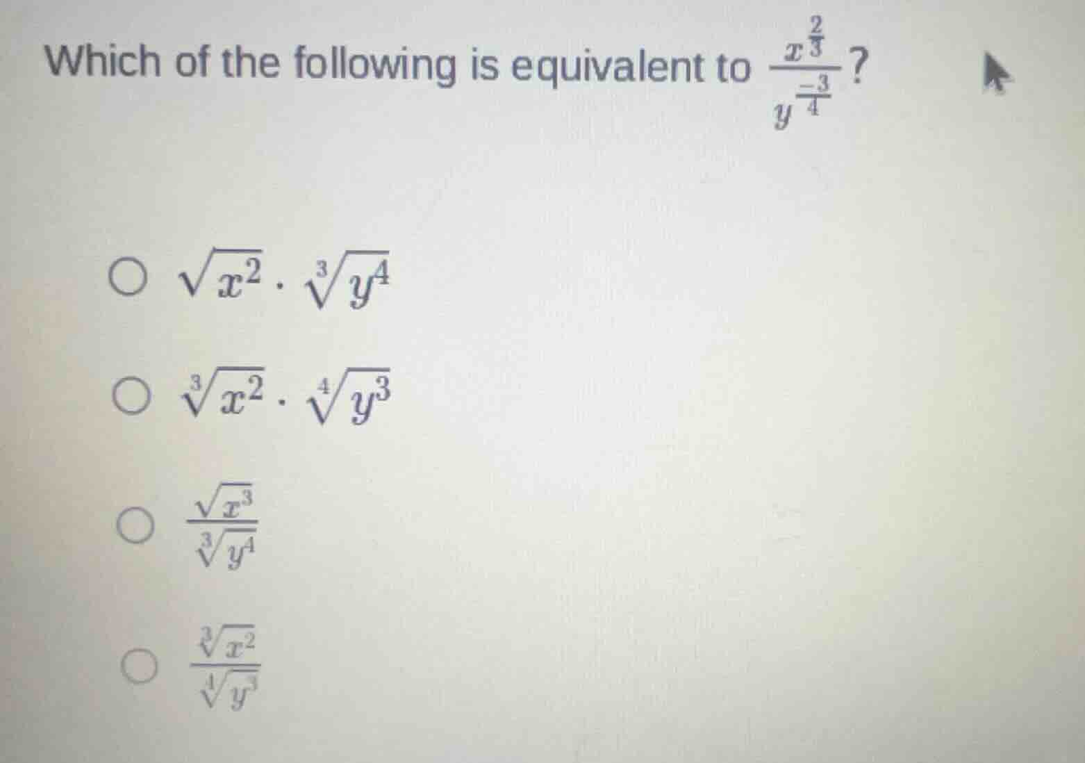 which of the following is equivalent to \\(\\frac{x^{\\frac{2}{3}}}{y^{…