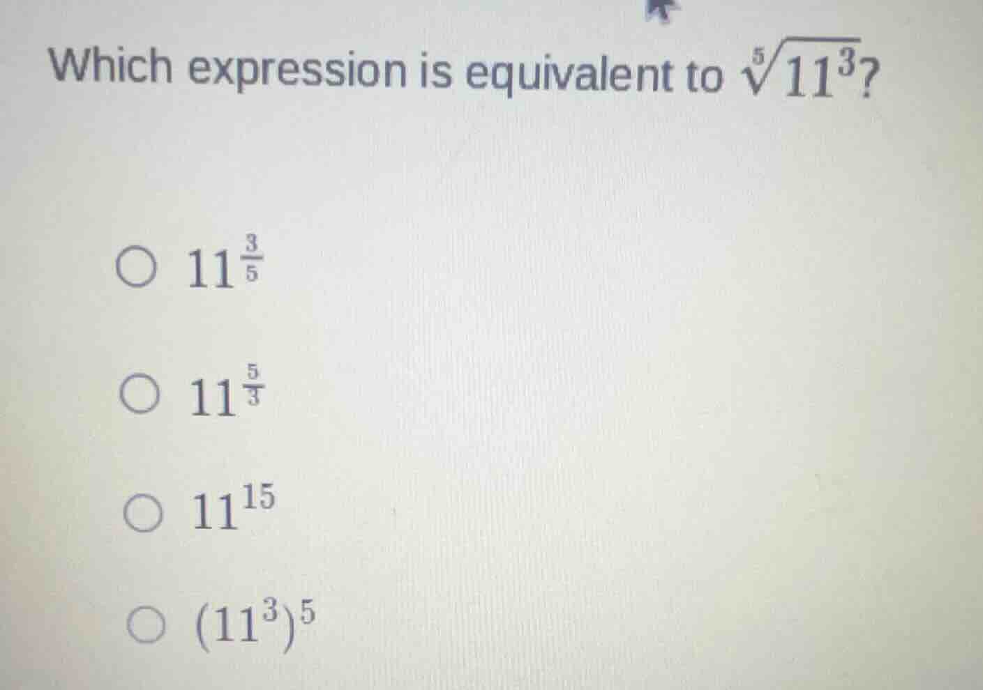 which expression is equivalent to \\(\\sqrt5{11^3}\\)? \\(\\bigcirc\\) …