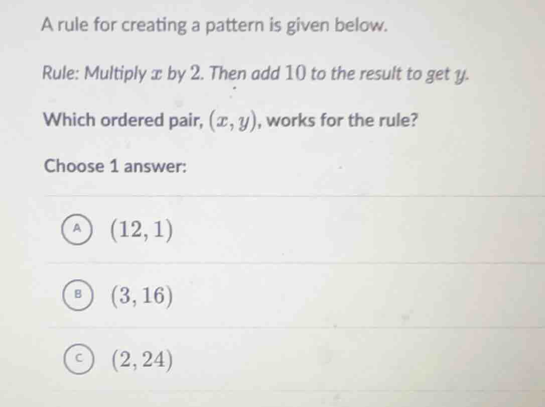 a rule for creating a pattern is given below. rule: multiply \\(x\\) by…