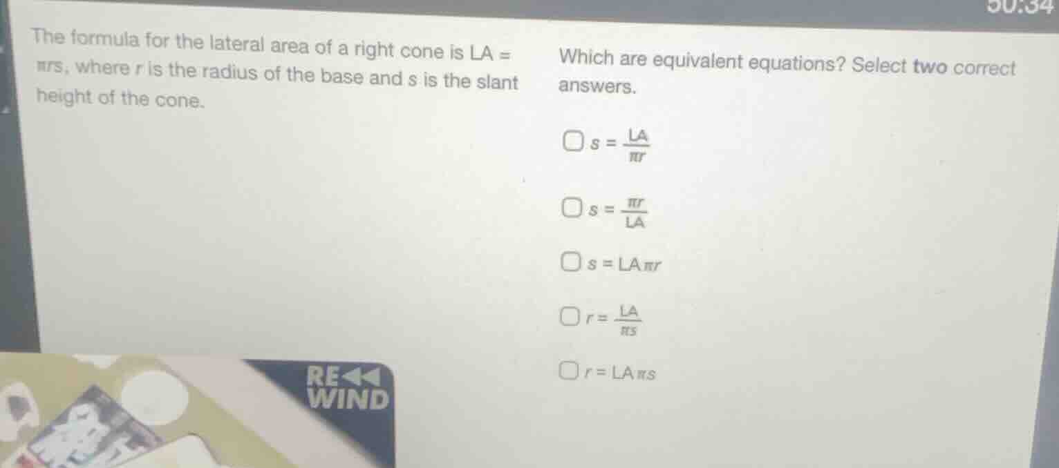 the formula for the lateral area of a right cone is \\(la = \\pi r s\\)…