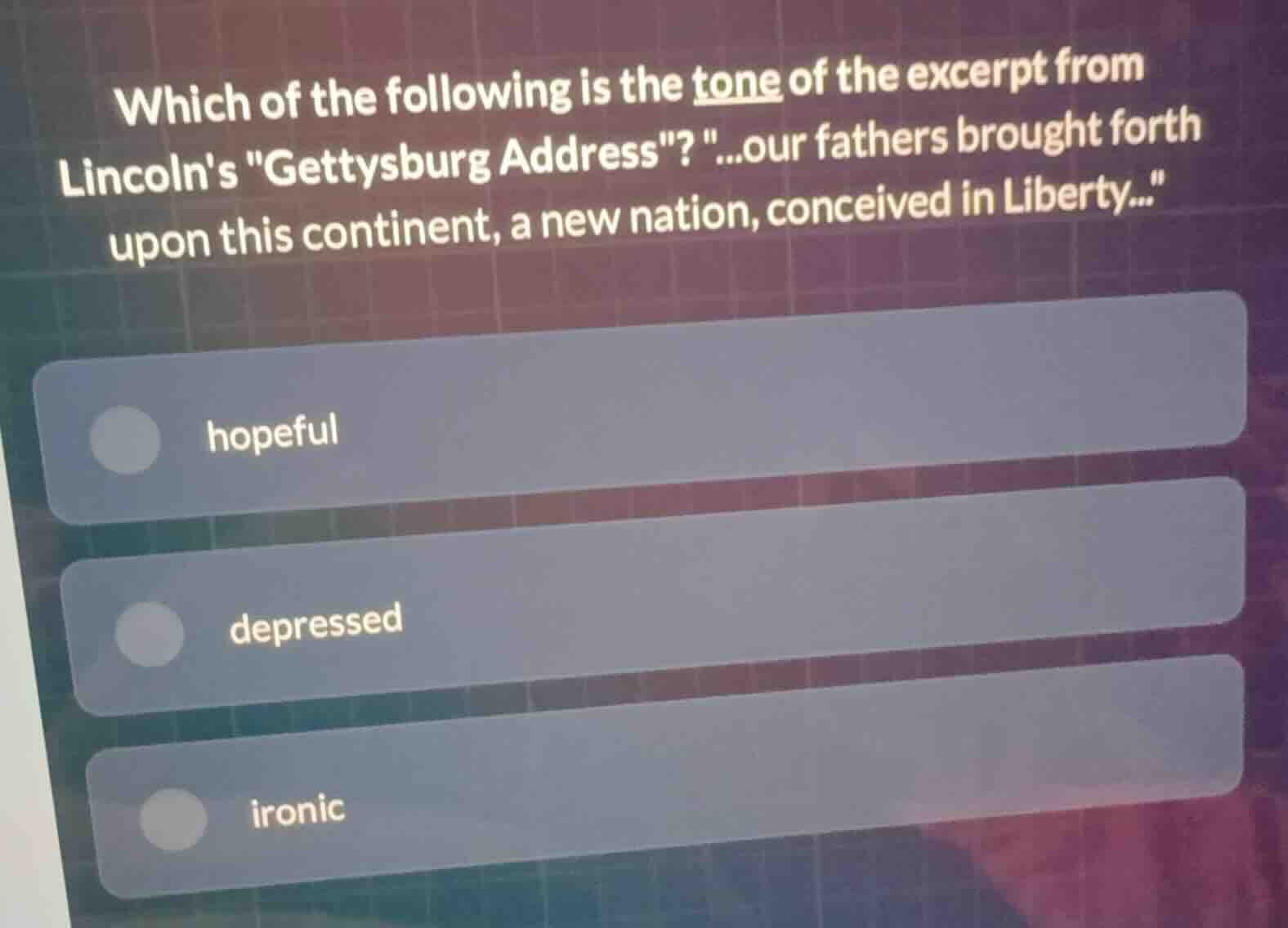 which of the following is the tone of the excerpt from lincolns \gettys…