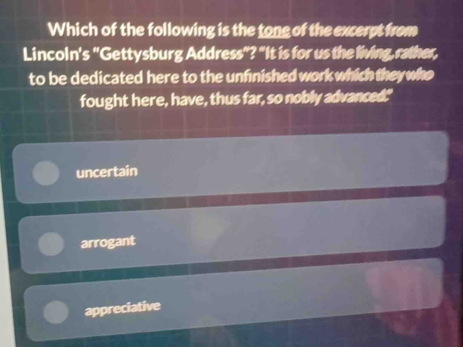 which of the following is the tone of the excerpt from lincolns \gettys…