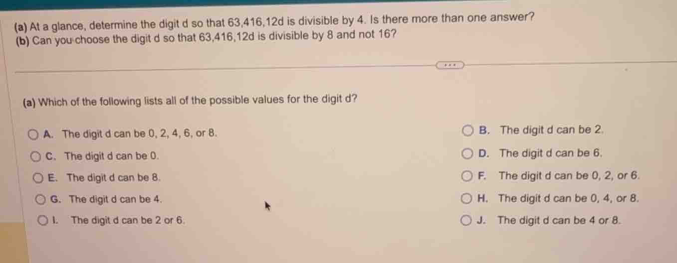 (a) at a glance, determine the digit d so that 63,416,12d is divisible …
