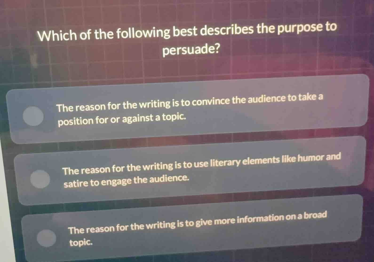 which of the following best describes the purpose to persuade? - the re…