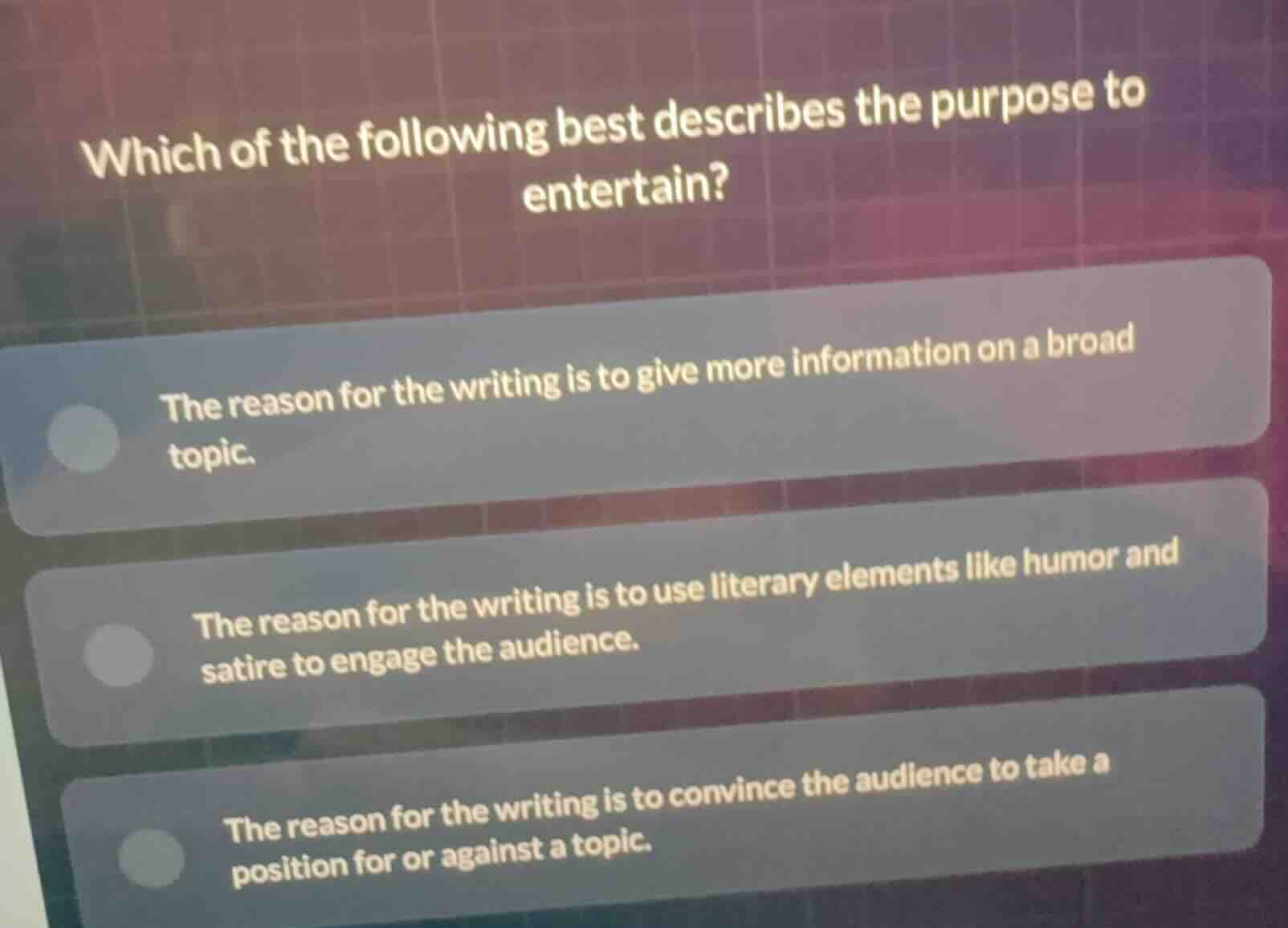 which of the following best describes the purpose to entertain? - the r…