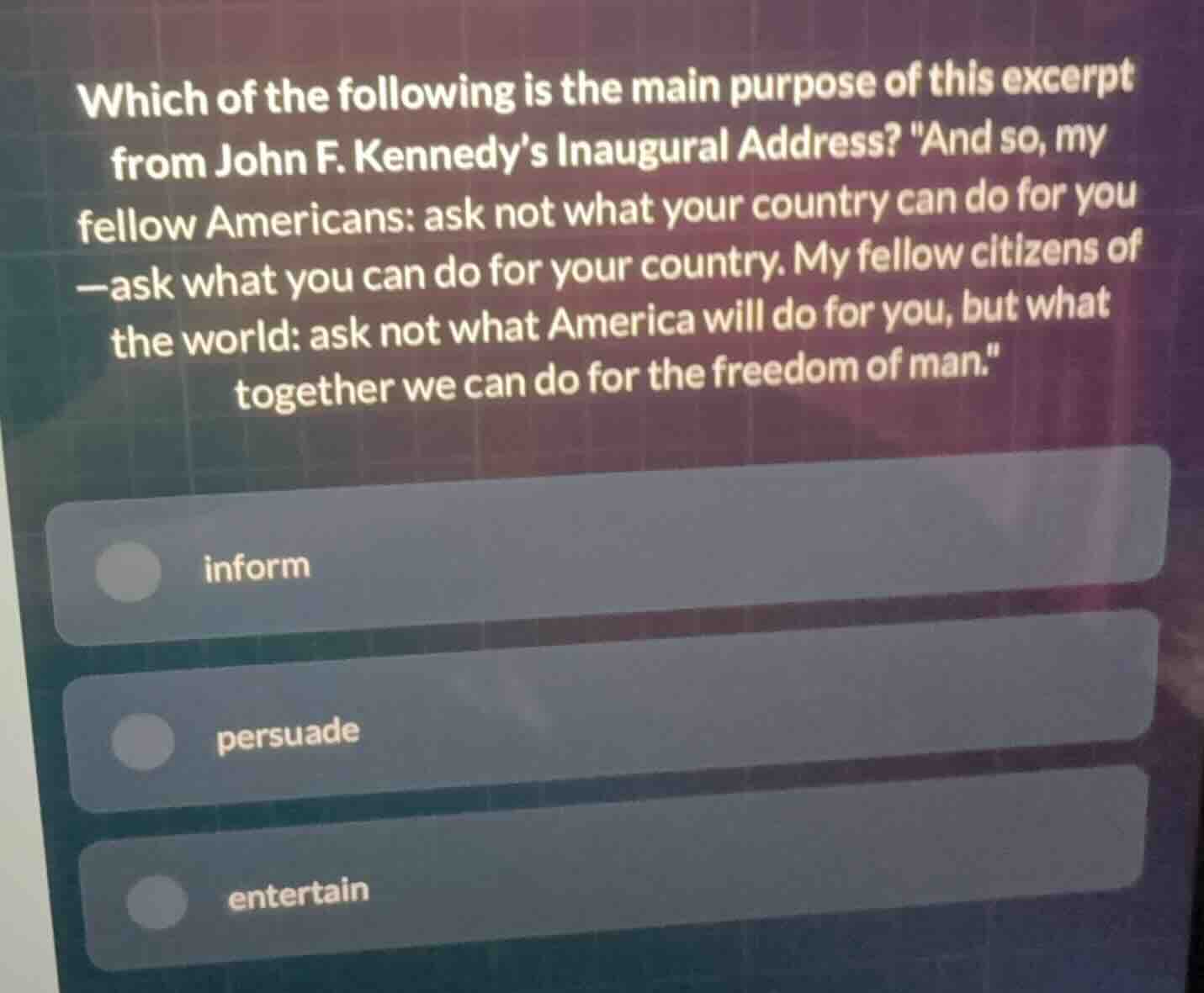 which of the following is the main purpose of this excerpt from john f.…