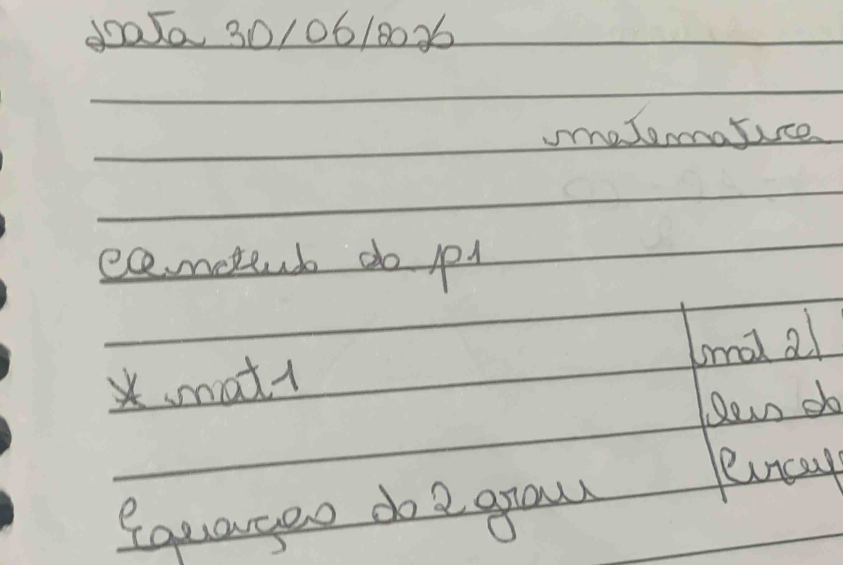 data 30/06/2026 matematica conteudo da p1 * mat 1 | mat 2 equacoes do 2…