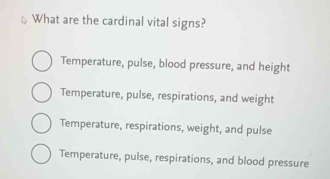 what are the cardinal vital signs? temperature, pulse, blood pressure, …