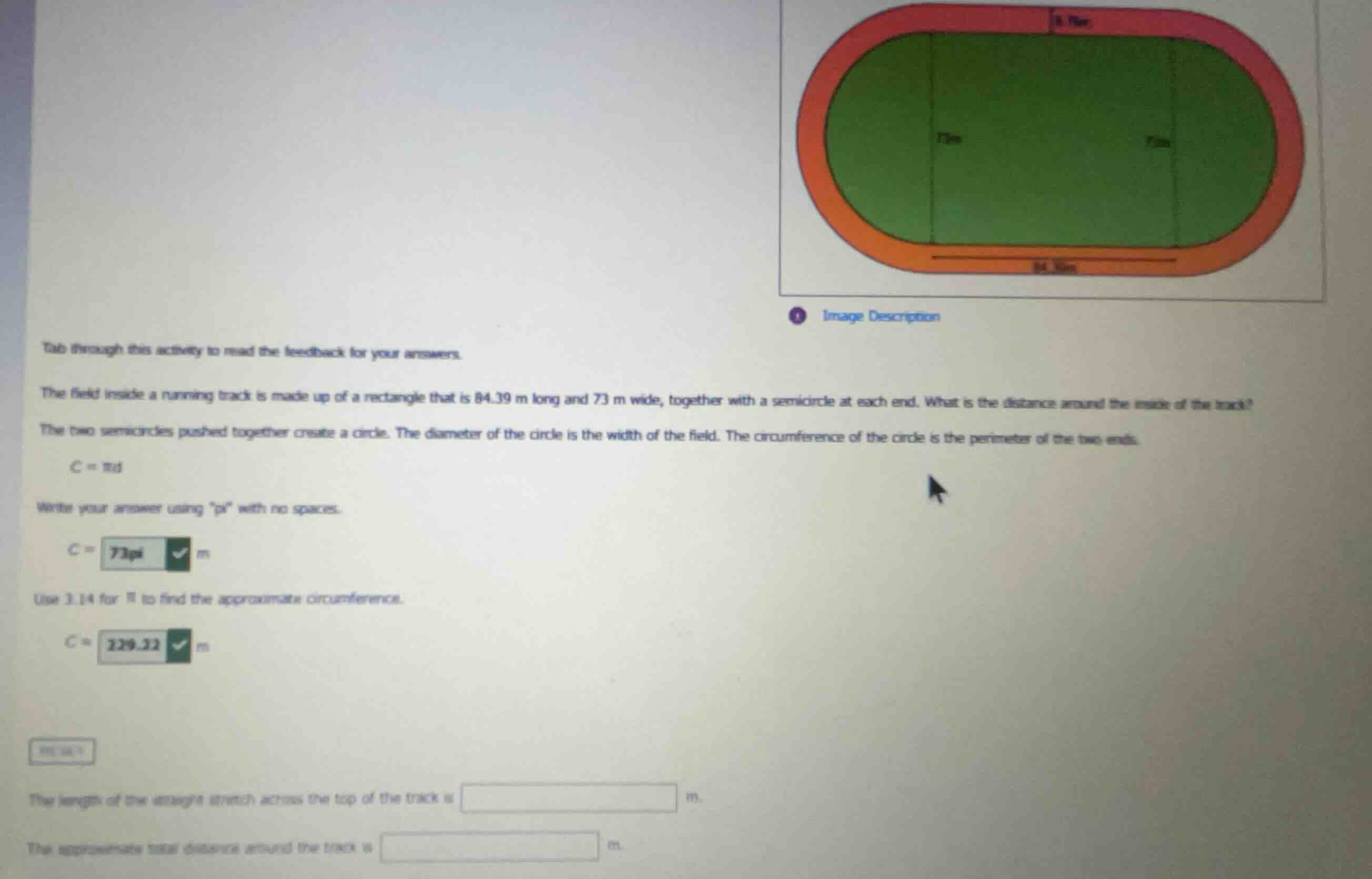 the field inside a running track is made up of a rectangle that is 84.3…