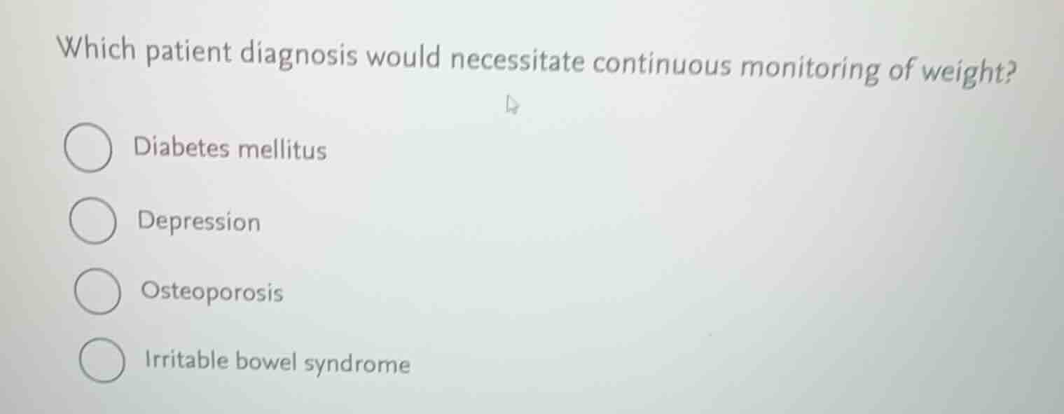 which patient diagnosis would necessitate continuous monitoring of weig…