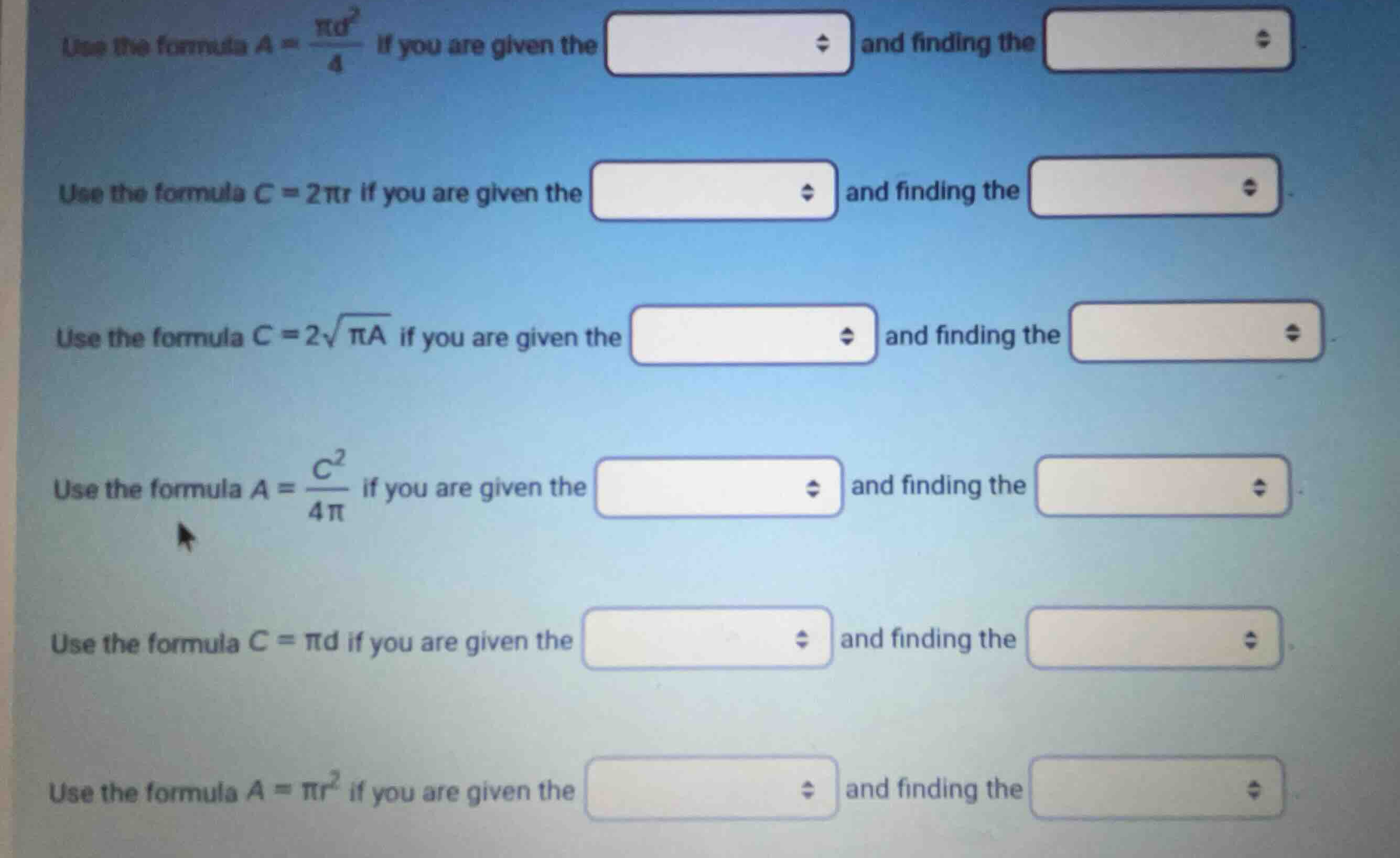 use the formula \\(a = \\frac{\\pi d^2}{4}\\) if you are given the and …