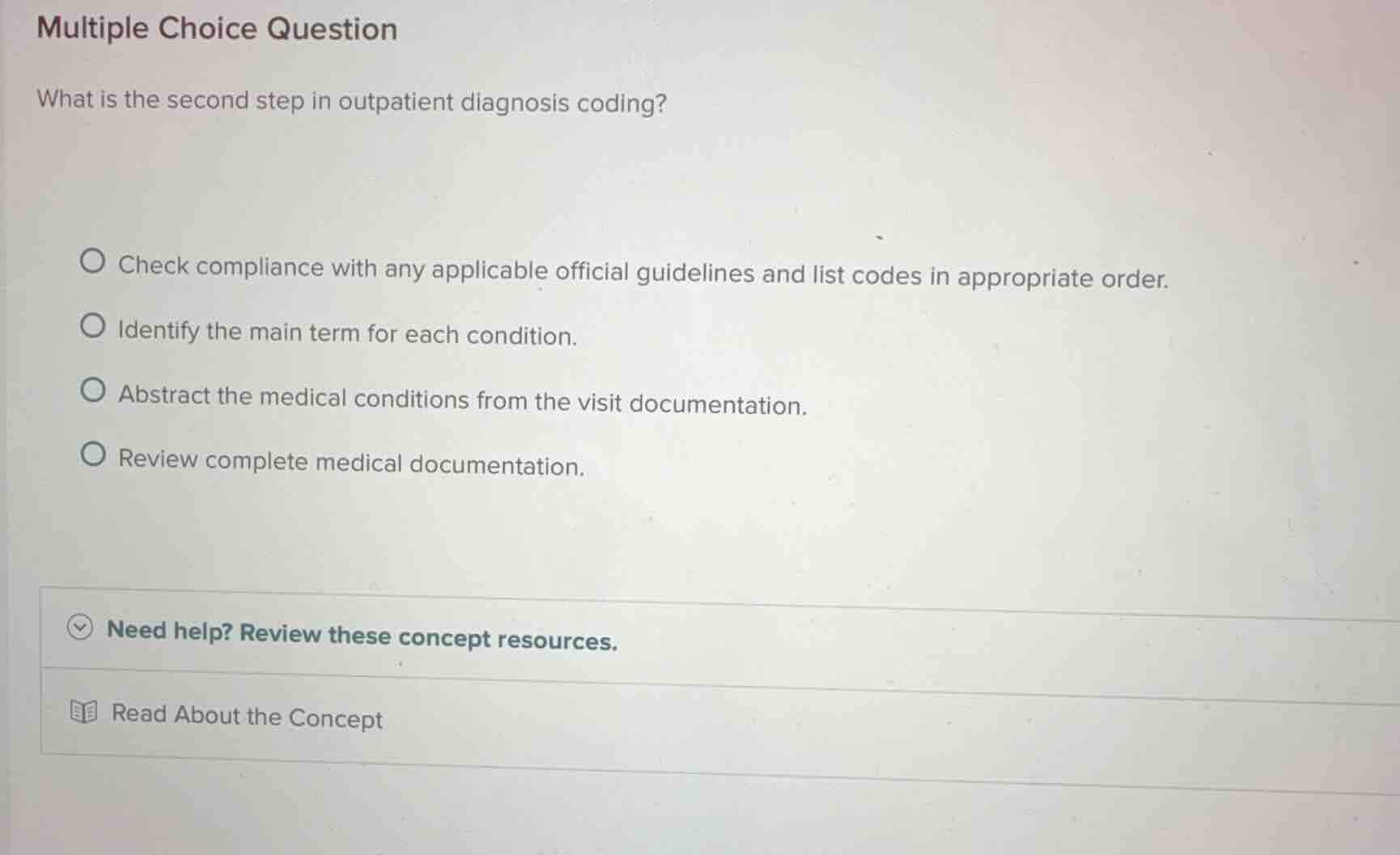 multiple choice question what is the second step in outpatient diagnosi…