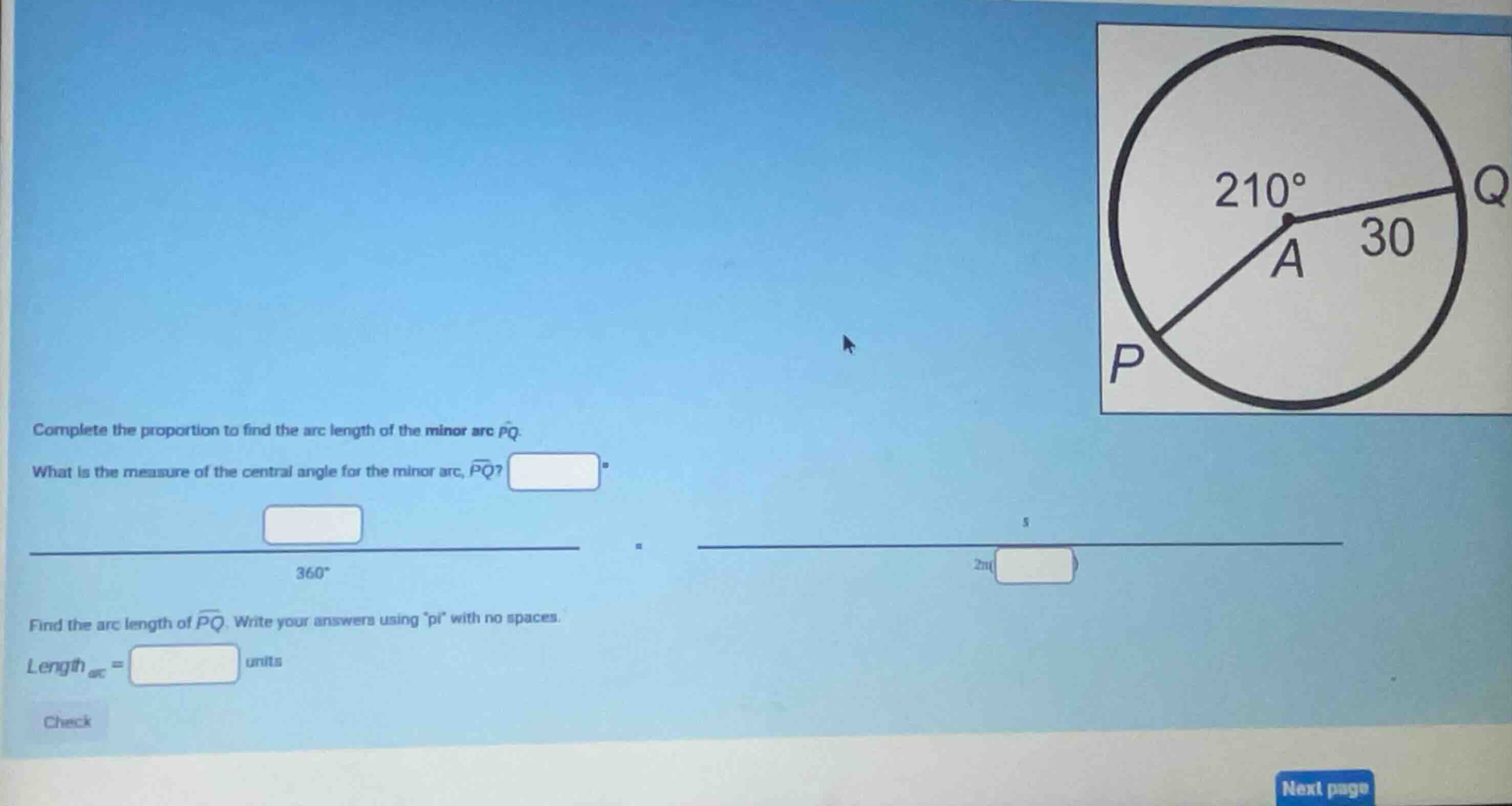 complete the proportion to find the arc length of the minor arc \\(\\wi…