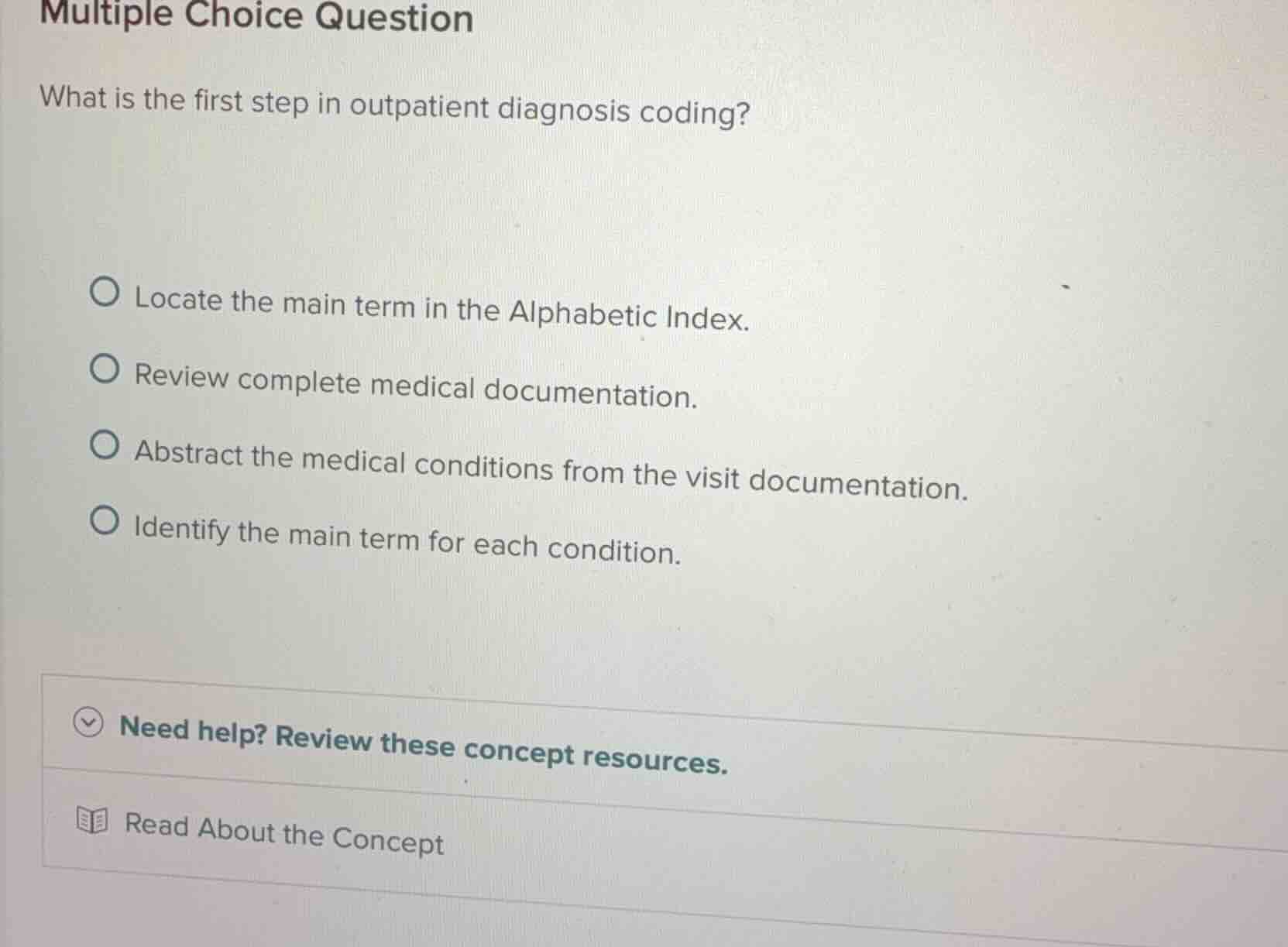 multiple choice question what is the first step in outpatient diagnosis…