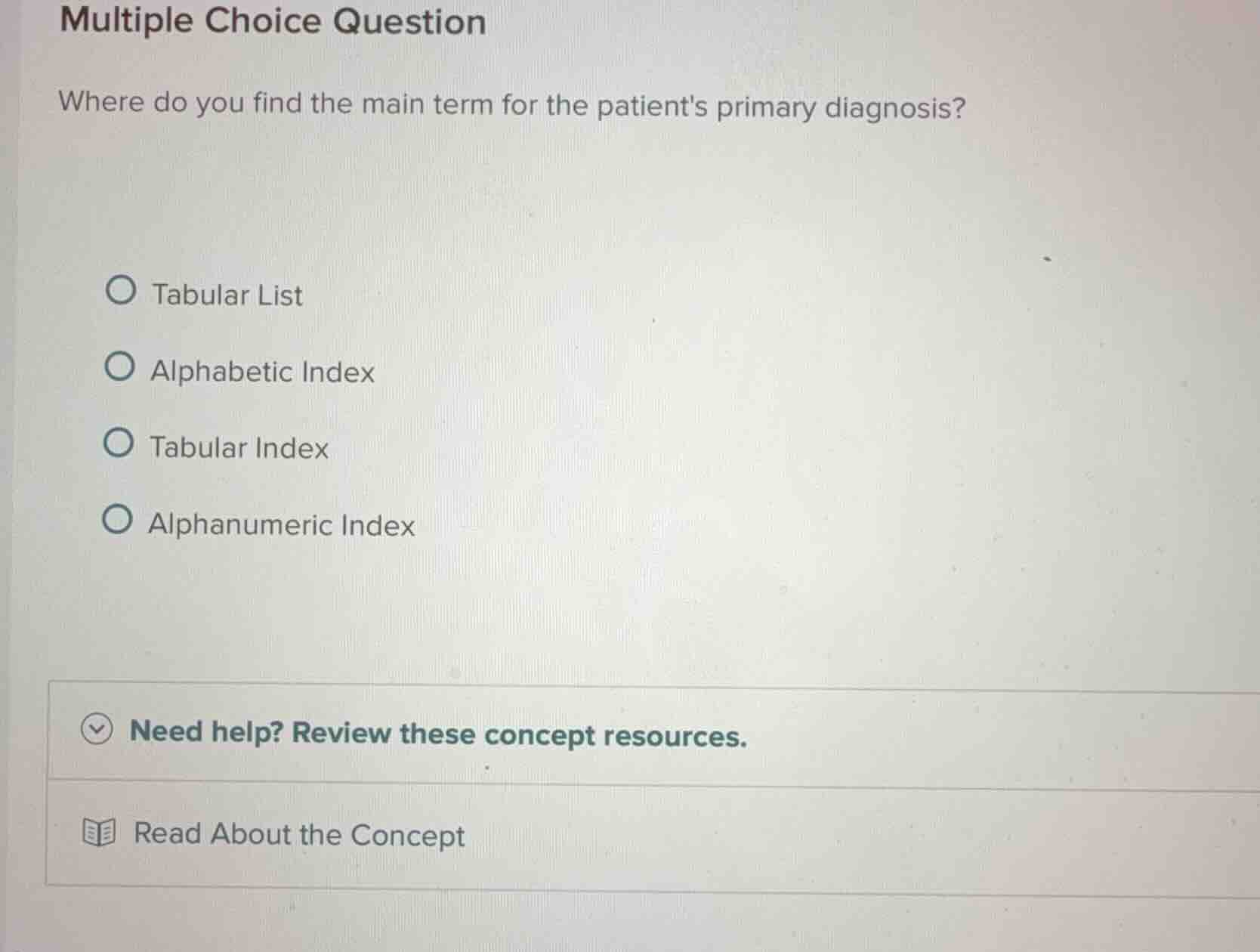 multiple choice question where do you find the main term for the patien…