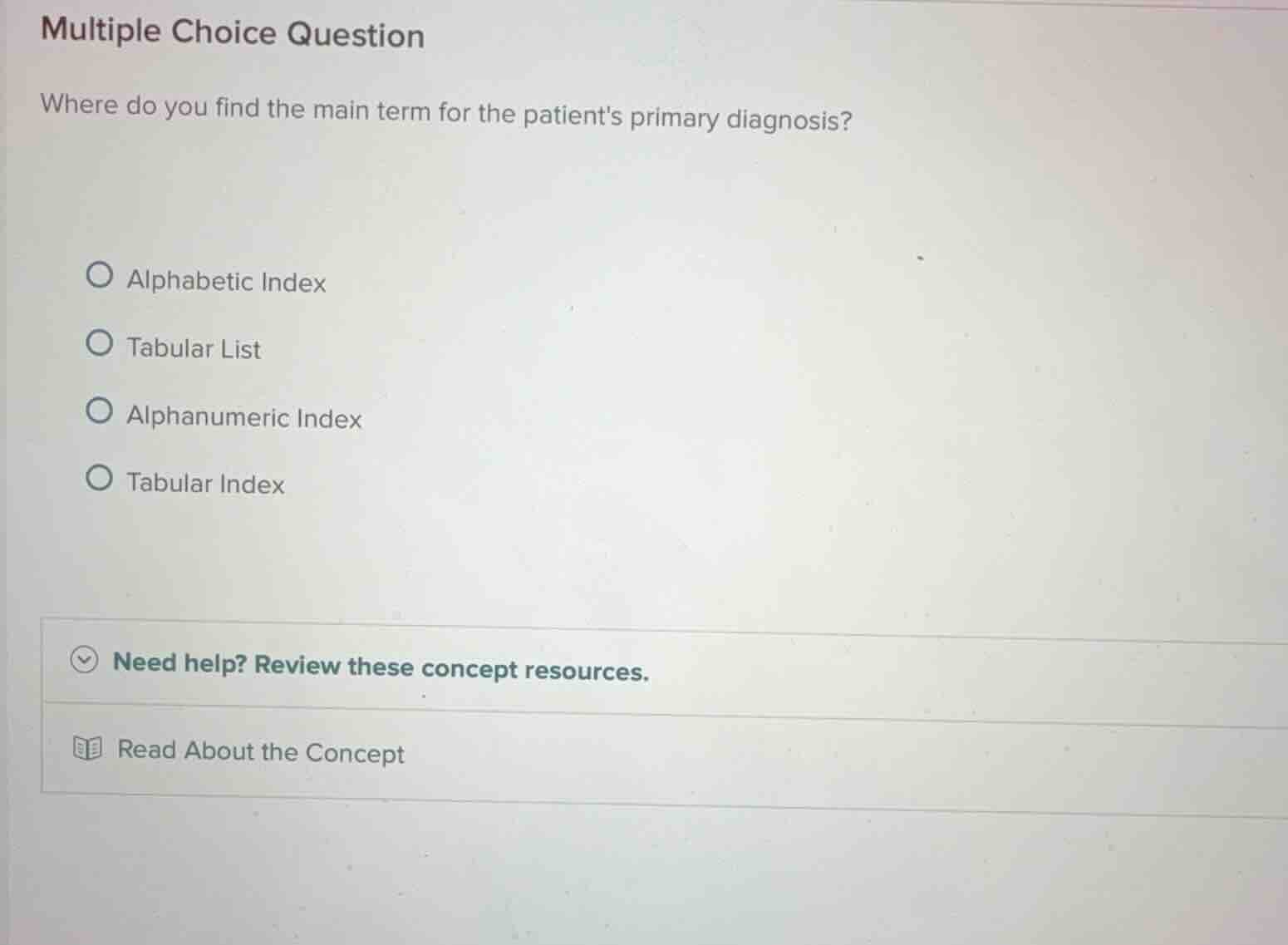 multiple choice question where do you find the main term for the patien…