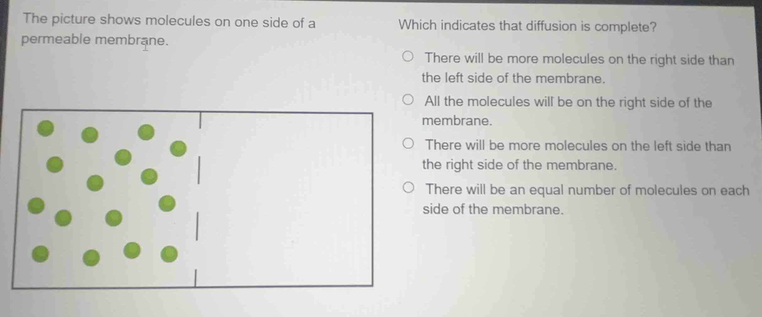 the picture shows molecules on one side of a permeable membrane. which …