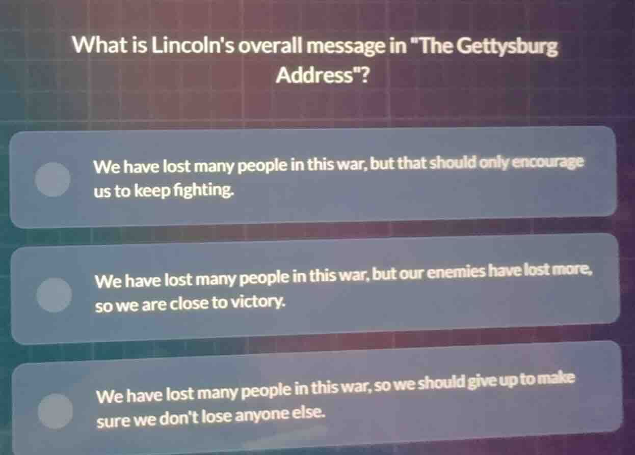 what is lincolns overall message in \the gettysburg address\? we have l…