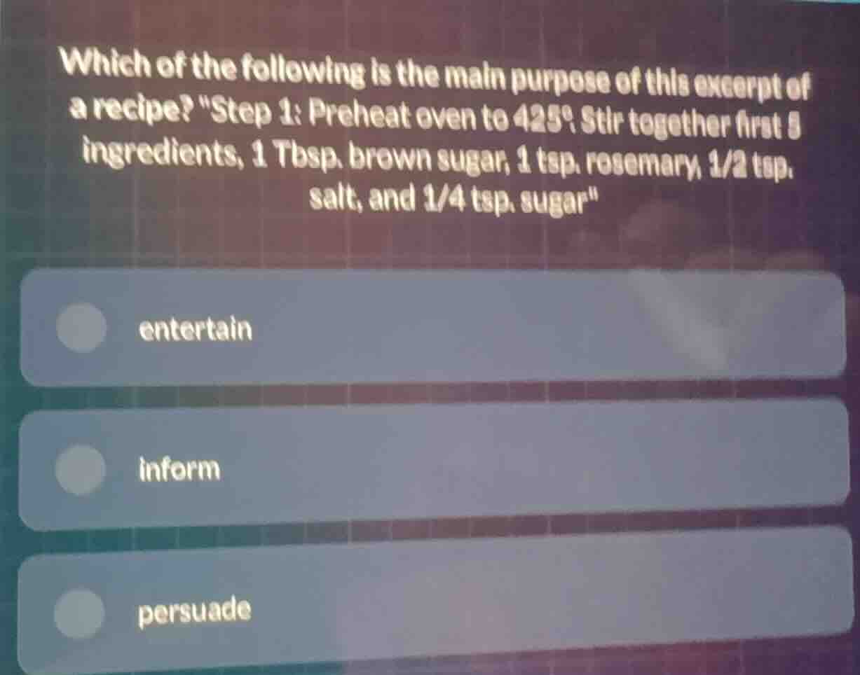 which of the following is the main purpose of this excerpt of a recipe?…
