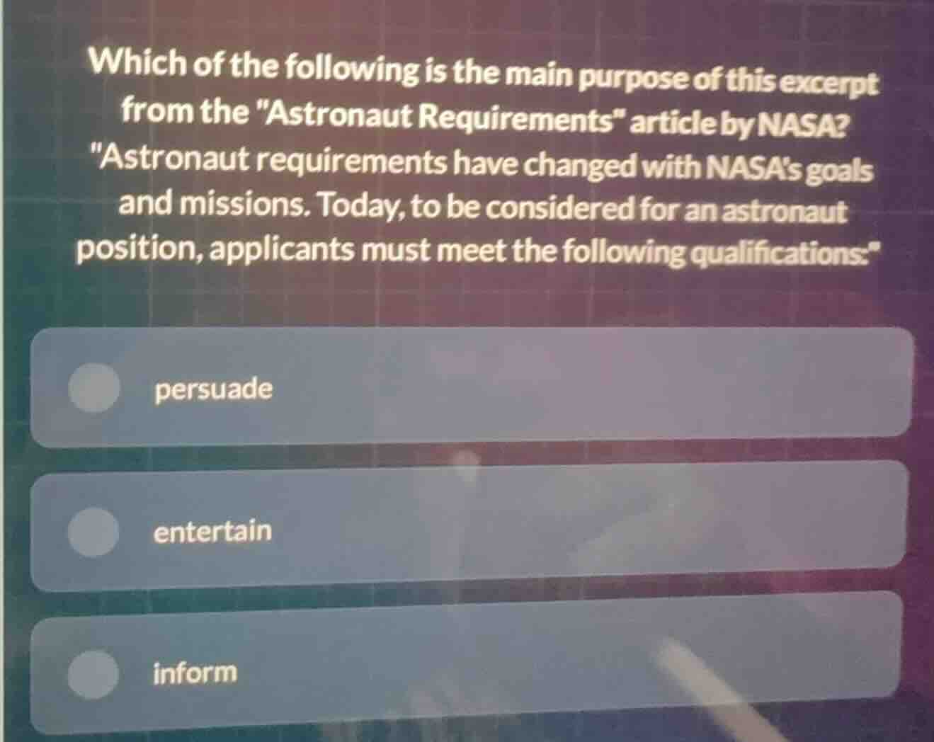 which of the following is the main purpose of this excerpt from the \as…