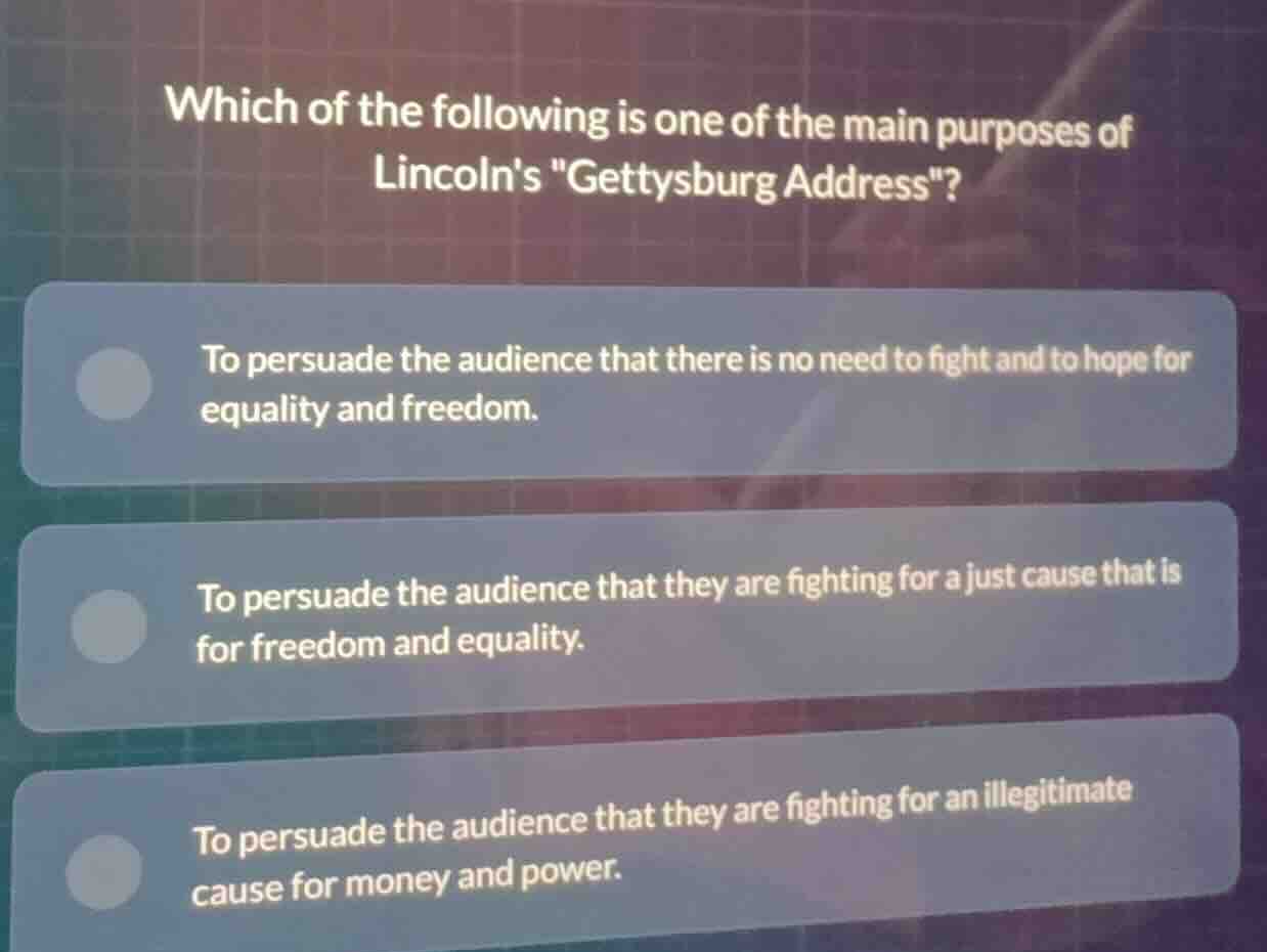 which of the following is one of the main purposes of lincolns \gettysb…