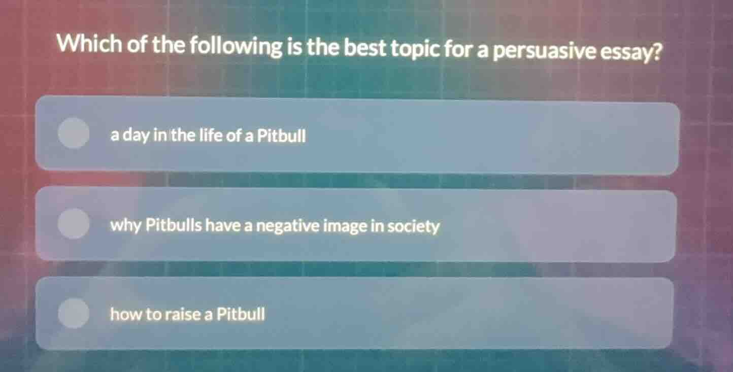 which of the following is the best topic for a persuasive essay? a day …