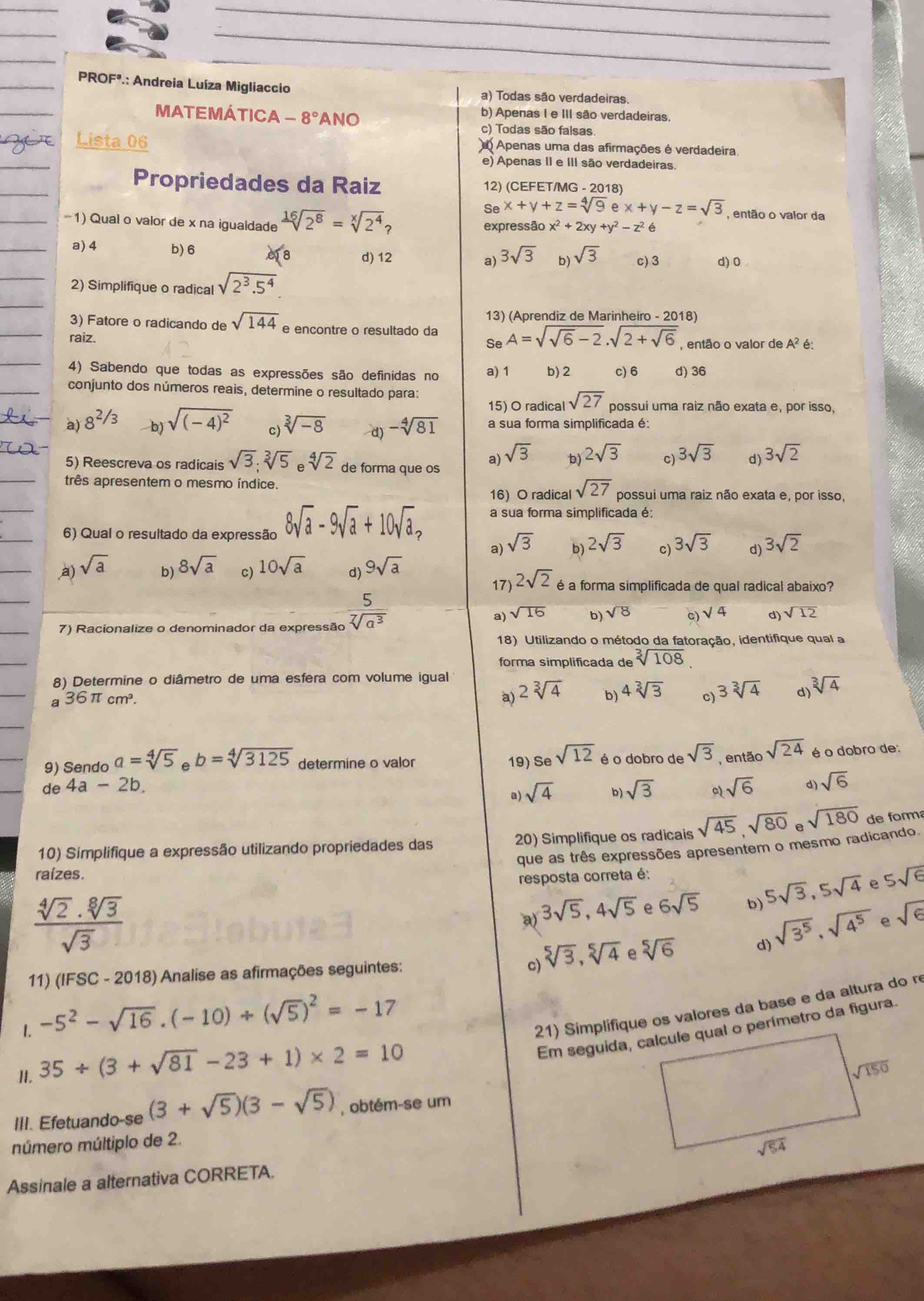 profª.: andreia luíza migliaccio matemática - 8º ano lista 06 proprieda…