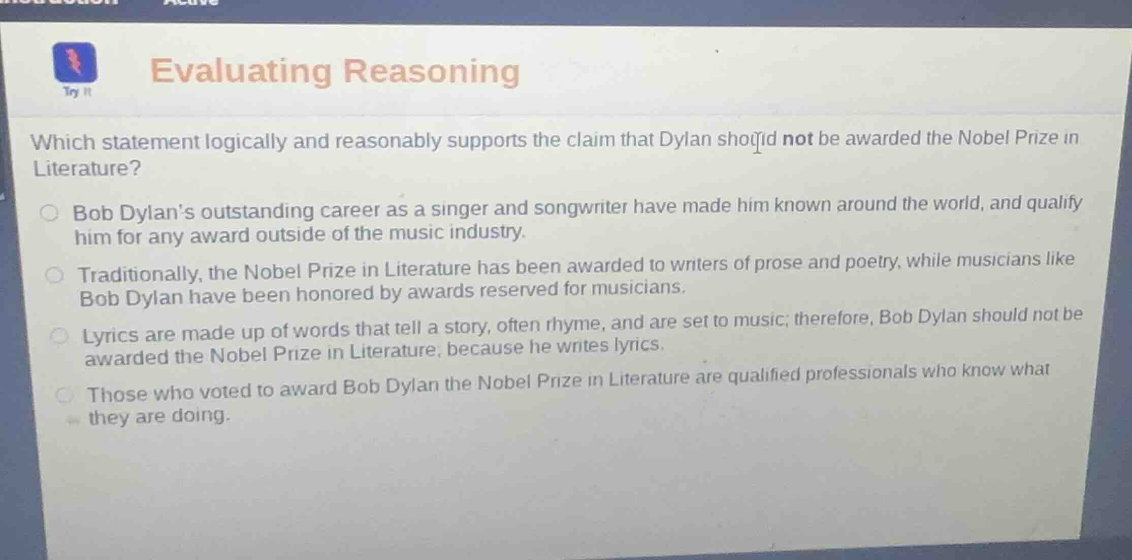 evaluating reasoning which statement logically and reasonably supports …
