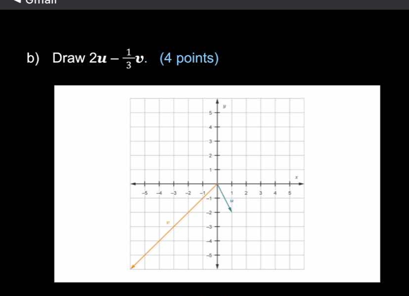 b) draw \\(2\\boldsymbol{u} - \\frac{1}{3}\\boldsymbol{v}\\). (4 points)