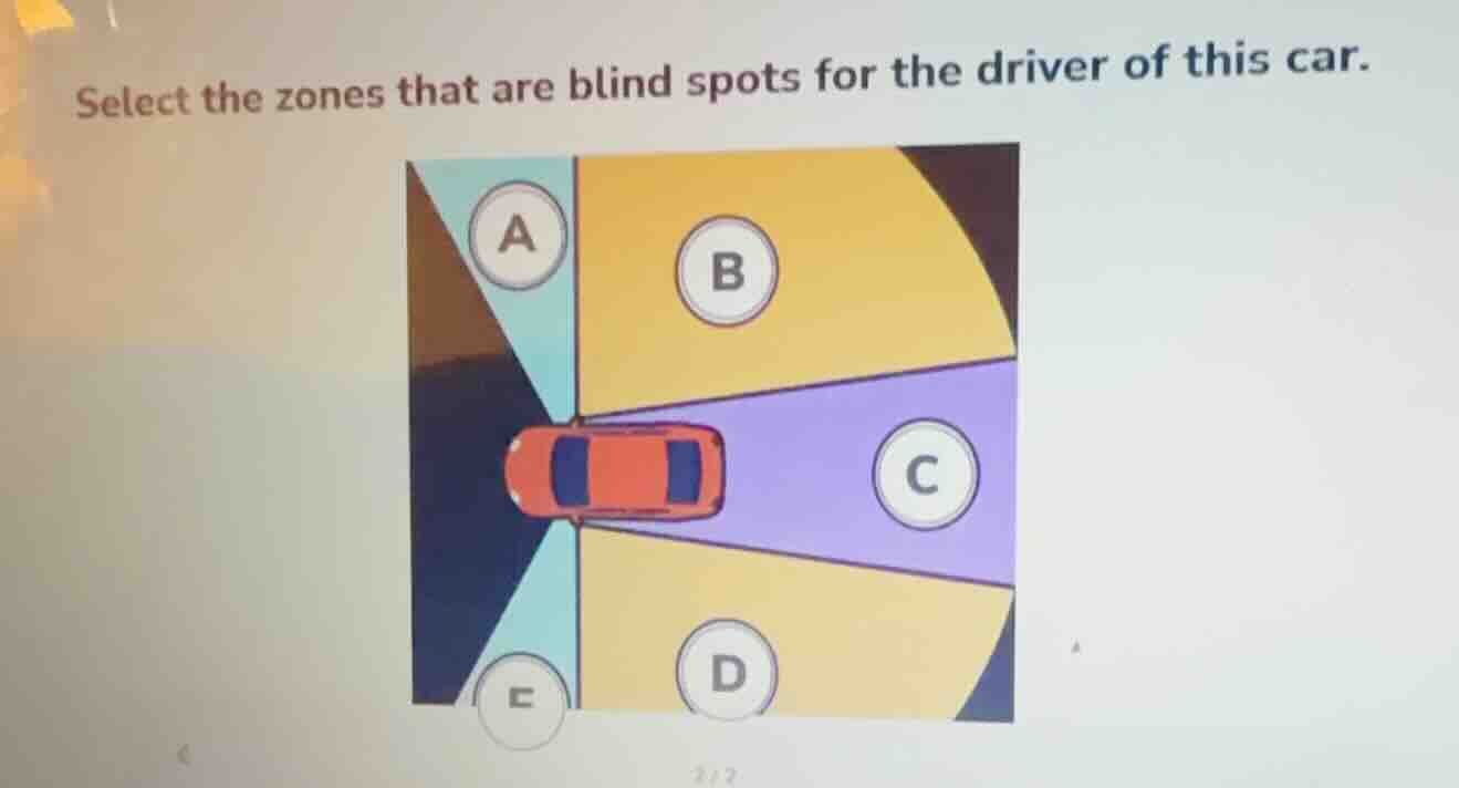 select the zones that are blind spots for the driver of this car.