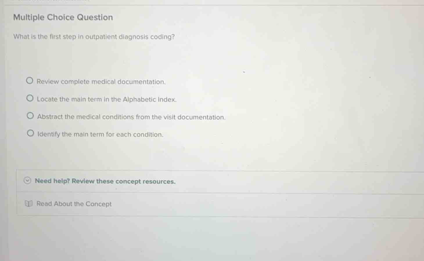 multiple choice question what is the first step in outpatient diagnosis…