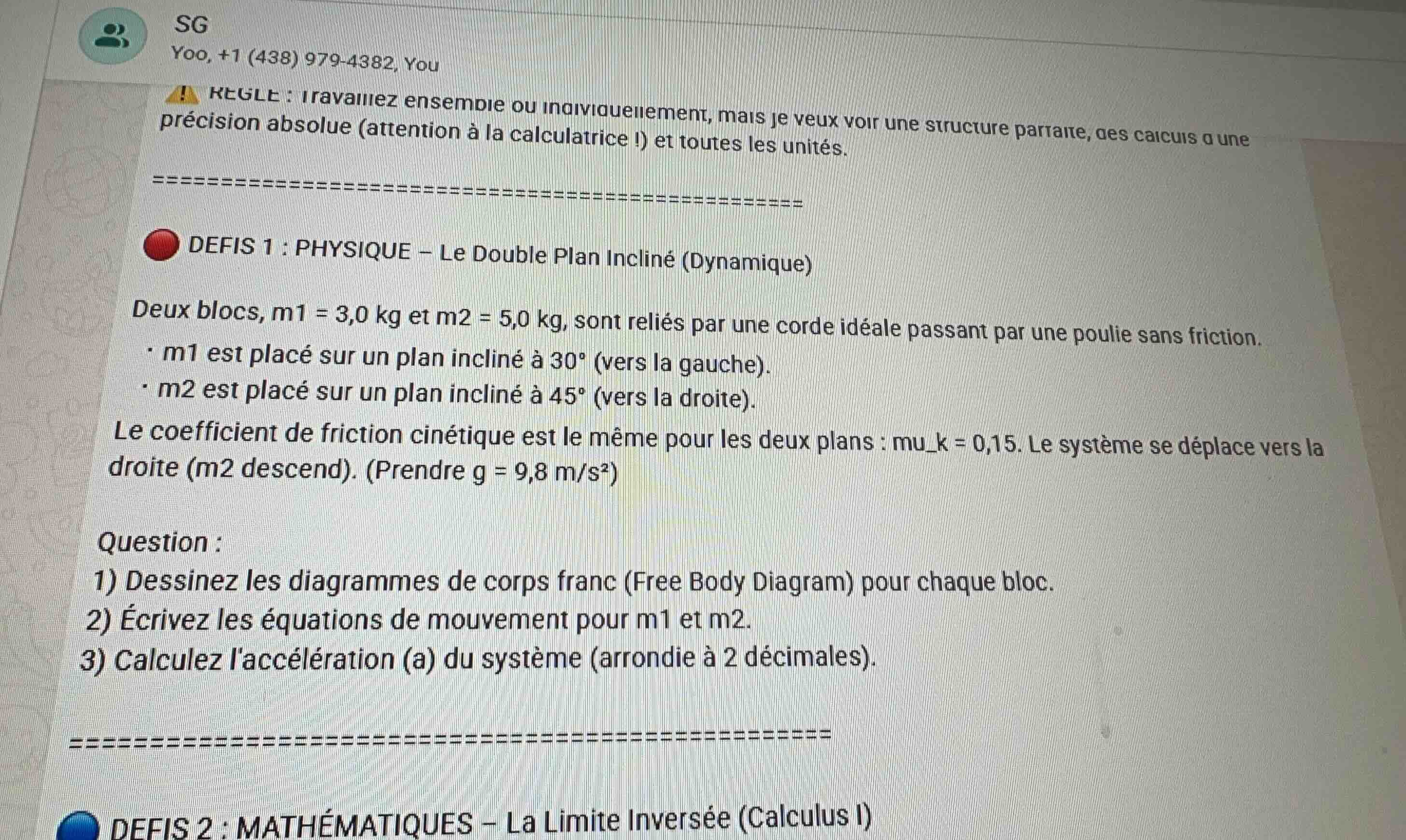 defis 1 : physique - le double plan incliné (dynamique) deux blocs, \\(…