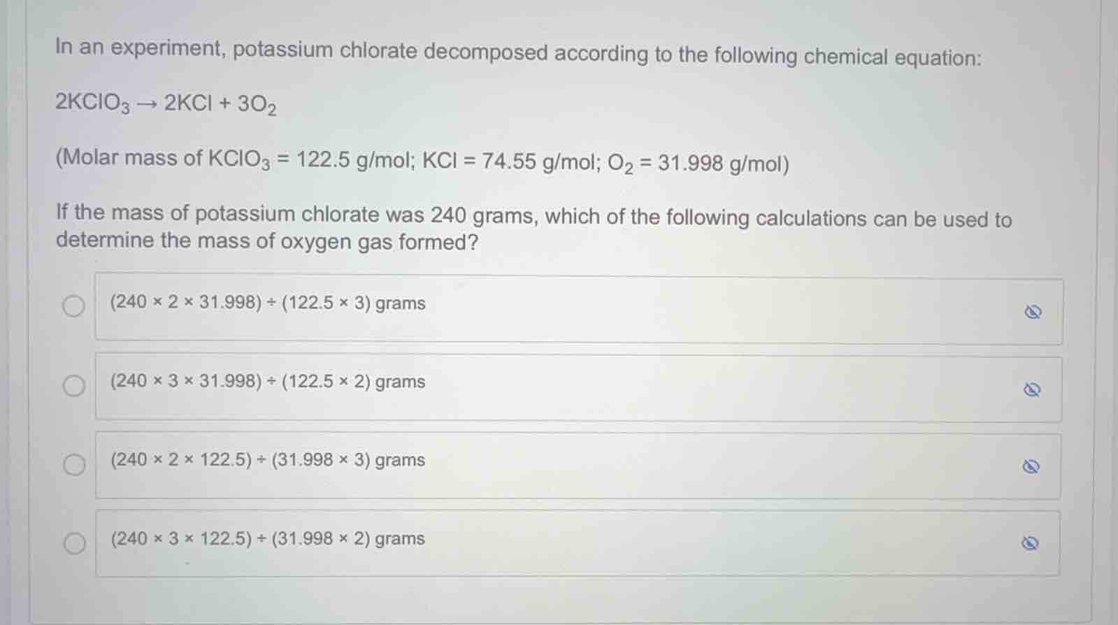 in an experiment, potassium chlorate decomposed according to the follow…